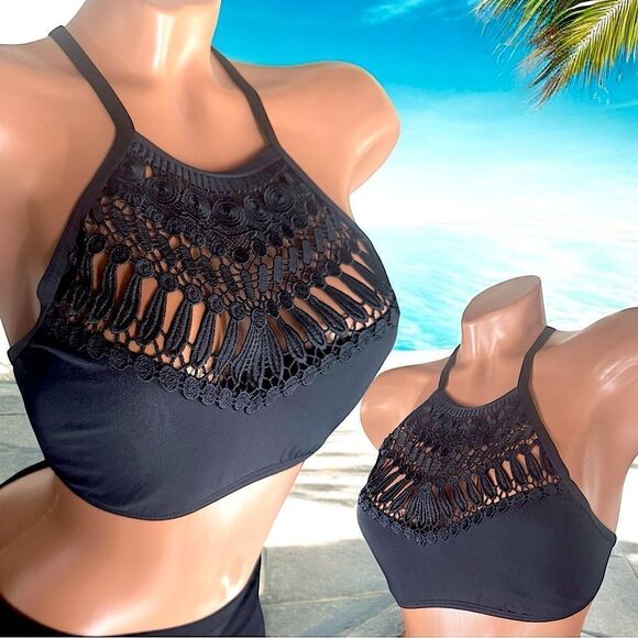 Jantzen Black Crochet Halter Bikini Top l Tie Back l XS l EUC - Picture 3 of 13